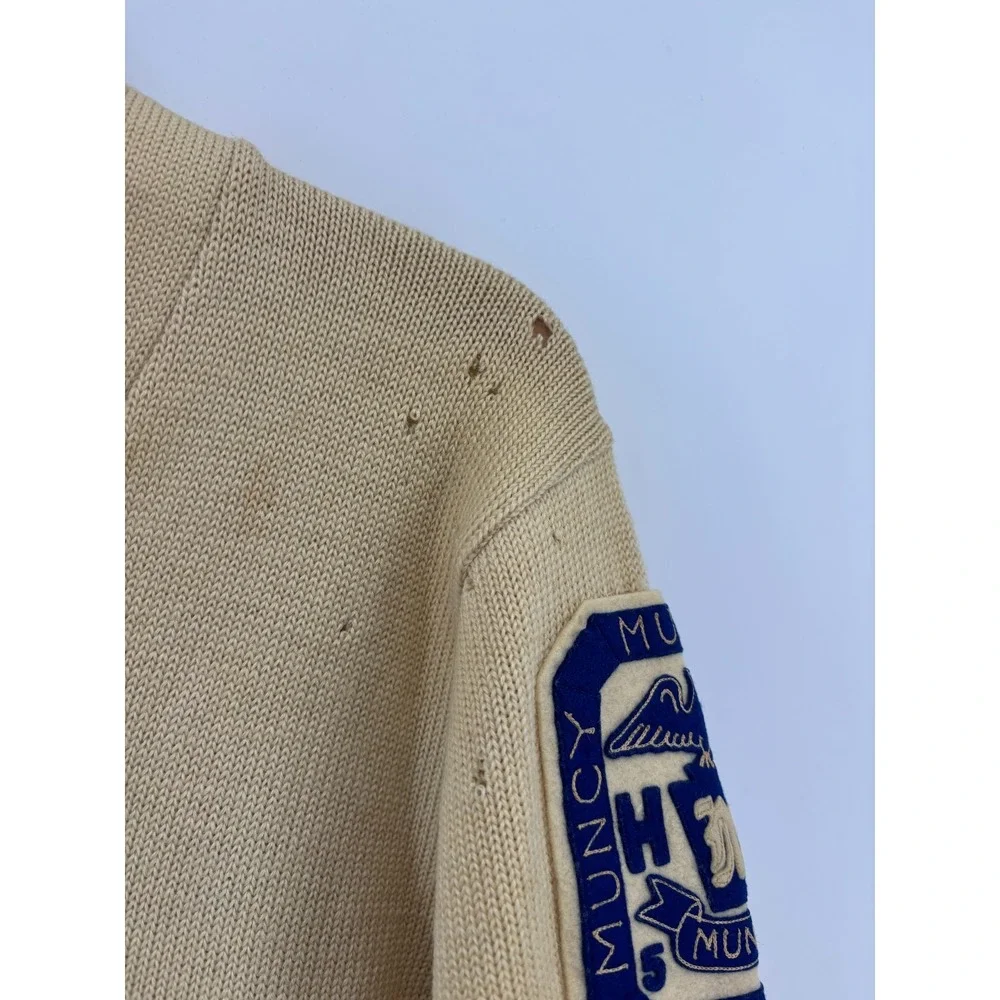 Varsity Natch Cardigan Sweater Mens Beige Wool Muncy Creek Patch 40 Vintage